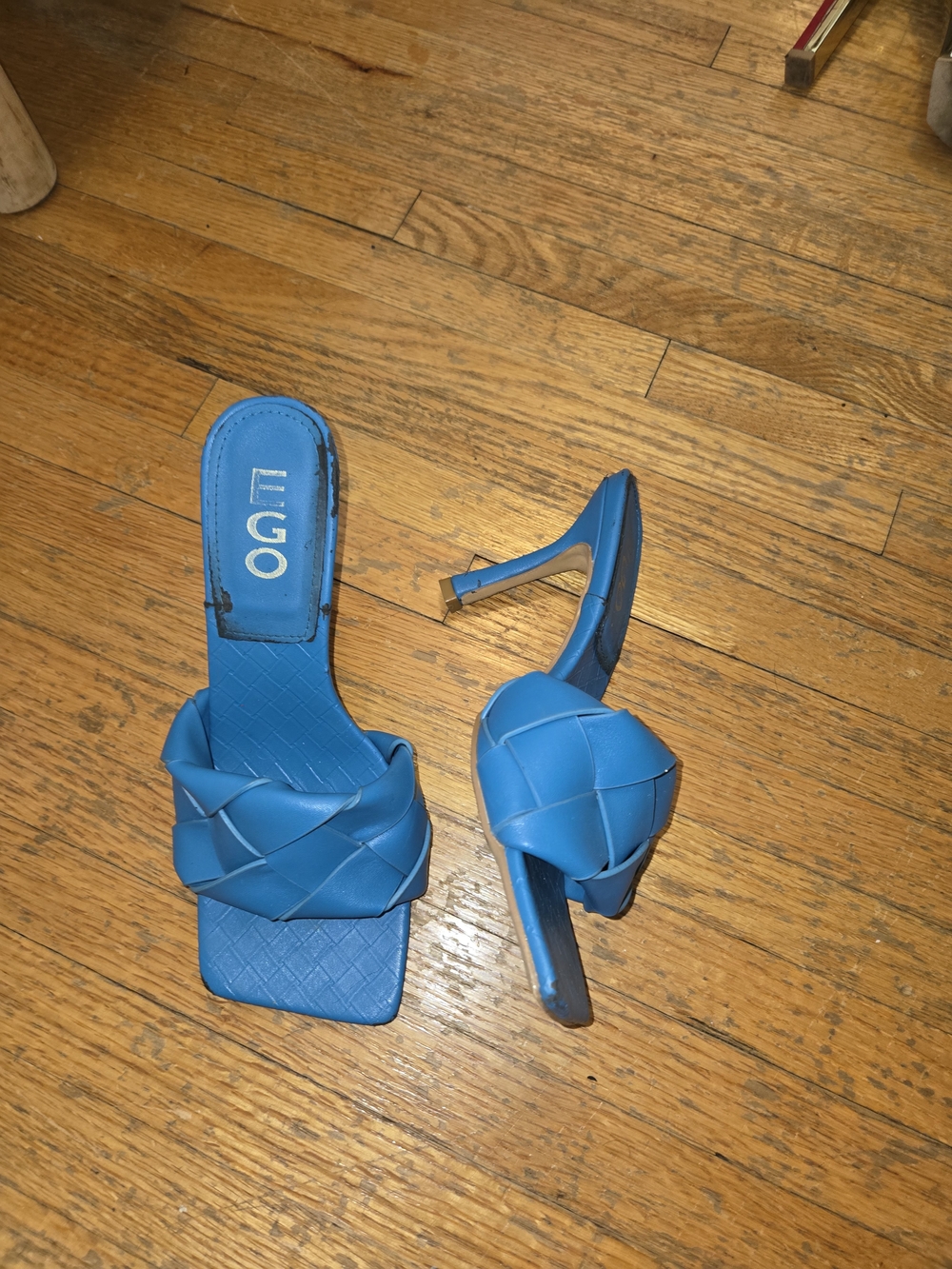 EGO Blue Woven Square-Toe Slide Heels